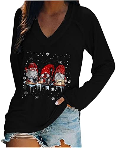 Долга ракав со долги ракави со маица со маица модни куќички, печатени пулвер Божиќни класични блузи врвови