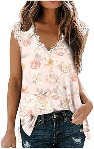 Девојки без ракави со кратки ракави 2023 V вратот цветни графички блузи, летни есен чипка памучна маичка за жени XL