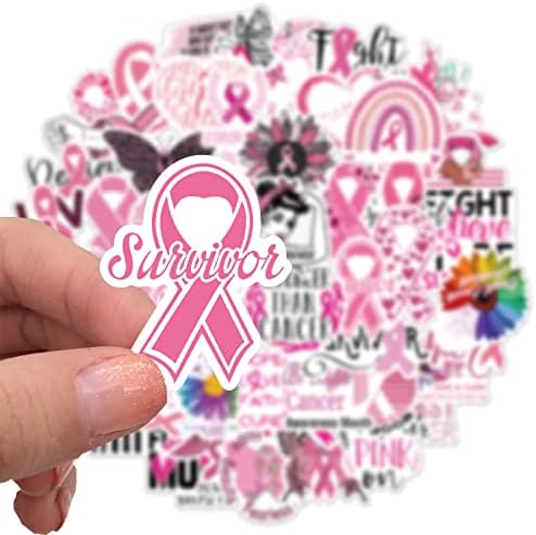 Налепници за подигнување на свеста за рак на дојка 50 парчиња, розова лента винил декларација, налепница пакет совршени за MacBook,