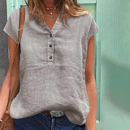 Блуза жени лето есен краток ракав 2023 постелнина памук длабок v врат салон маичка за блуза за девојчиња MD MD