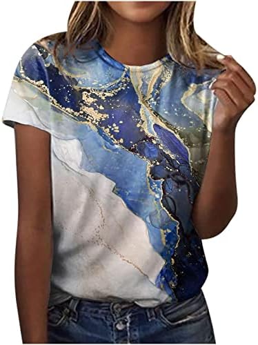 Маици со кратки ракави за жени летни врвови, обични графички маички за печатење со мермерки, лабави маици лабави маици блузи