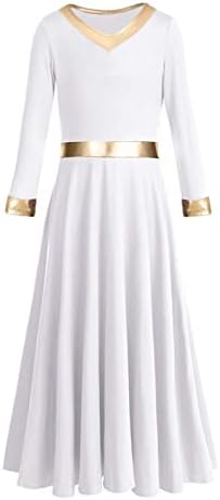 Паотит девојки металик боја против вратот литургиски пофалби танцувачки фустан со долг ракав, лирски пофалби црковно облекување