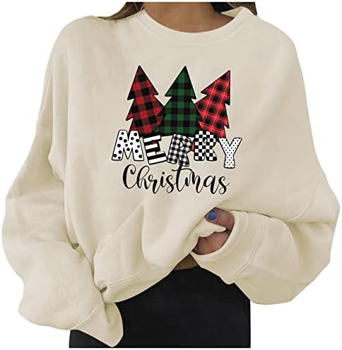 Божиќни џемпери на Нокмопо за жени, женски обичен моден Божиќ, печатени долги ракави на врвот на вратот на вратот, врвот на