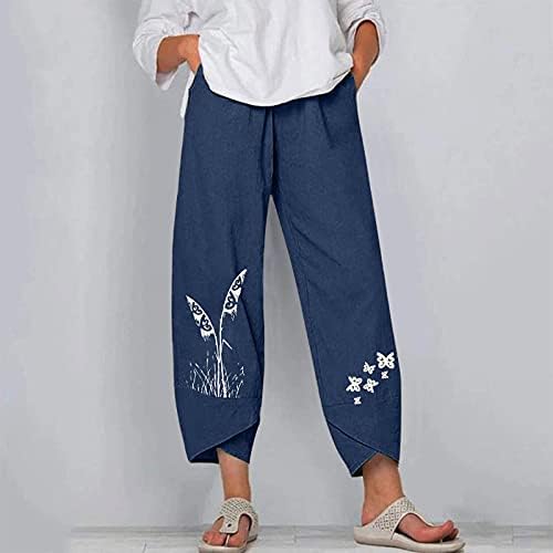 2023 памучни панталони за постелнина, лето високо половината широка нога палацо капри должина цветна печатена салон панталони