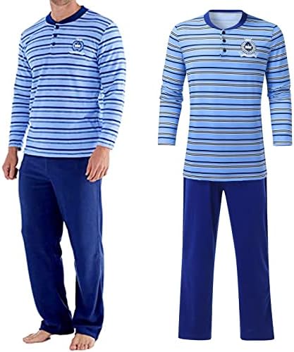 Bmisegm мажи одговара редовно вклопување човек со долг ракав мек пижами пол од сино -шарени врвни+цврсти панталони поставени