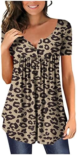 Lcepcy жени плус големина Туника врвови со краток ракав лето печатени проточни блузи со кошули со копчиња блуза