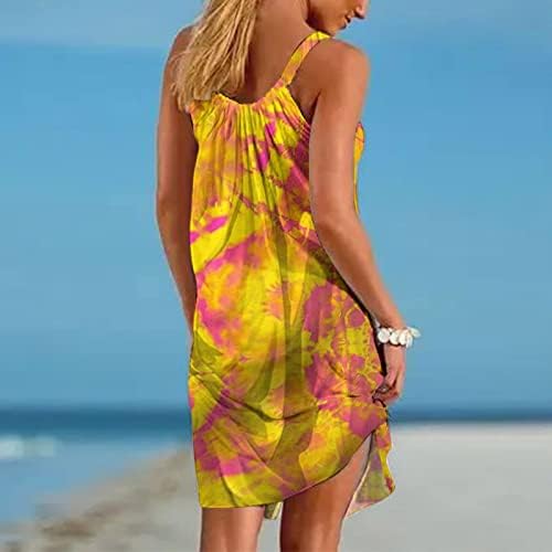 Цветен краток мини фустан за жени лето плажа фустан лажичка вратот од вратот секси маичка фустан лабава трендовски течен замав