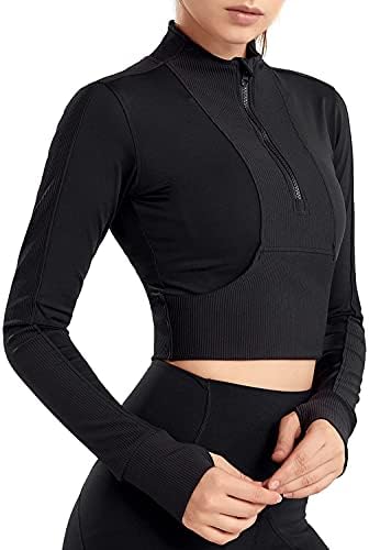 Ktilg жени исечени јакна половина поштенски пуловер тенок јога трчање атлетски тренингот јакни со долг ракав активна облека