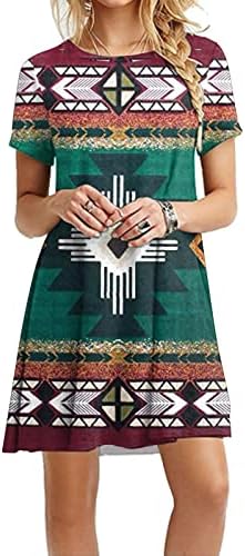 Onените Ацтеки фустани ретро западен етнички принт краток ракав миди фустан летен случајниот лабав фустан на плажа