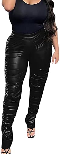 Womenените faux кожа слаби панталони Контраст патент Дизајн со високи половини обични панталони со џебови за кревање на плен