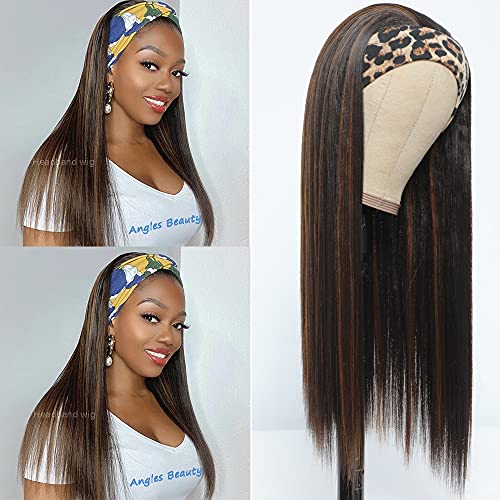 AnglesBeauty Headband Wig for Women 24 Inch Black/Brown Long Highlights Straight Headband Wig, Premium Syntheric Headband Wig Natural Glueless None Lace Front Wigs with Headbands & Wig Caps