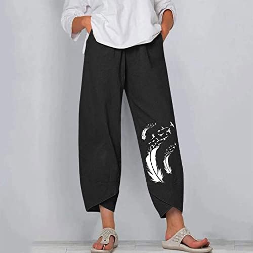 Panенски капри панталони, еластични високи половини широки нозе палацо капри должина цветни печатени панталони со џебови