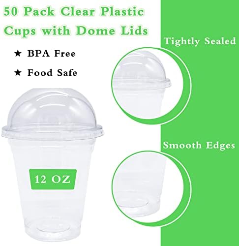 50 пакувања 12oz чисти пластични чаши со капаци на куполи, чаши за парфит за еднократна употреба, чаши за десерт за миленичиња