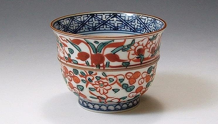 Кјо-јаки. Комплет од 5 Јапонски чаши јуноми црвен цвет и птици. Дрвена кутија. Порцелан.