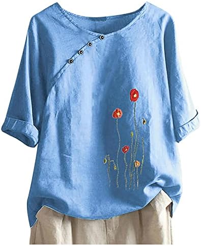 Chotteенски копче со кратки ракави екипаж со екипаж од цветна шема за печатење блузи маици лабава проточна блуза врвови лето