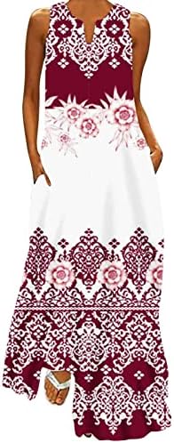 Letterенски летен долг фустан со џебови гроздобер цветни печатени забави на плажа Макси фустани без ракави V вратот Sundresses