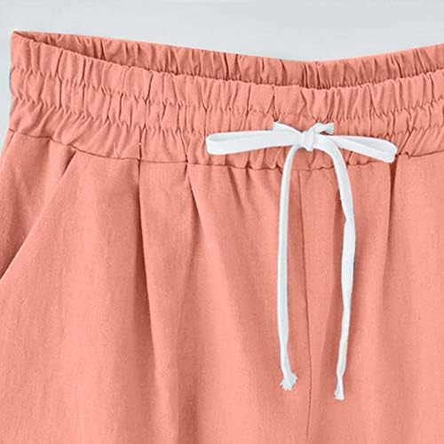 Памучни постелнини Бермуди шорцеви за женски влечење еластични шорцеви со високи половини летни обични лабави шорцеви со џебови