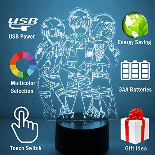3д Илузија Напад На Титан Ноќни Светла, СТОЛ Светилка USB Напојува 7 Бои LED Ноќна Светилка Со Паметен Допир Идеален За Јапонски