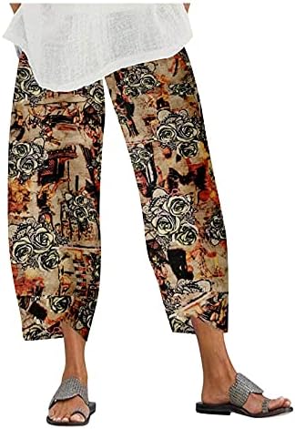 Mmmknlrm женски памук лабава панталони со половината печатени панталони еластични ленени ленти широки панталони панталони гимнастичарски