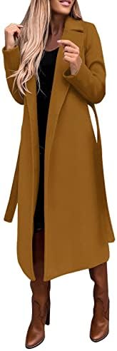 Женски faux волна палто со долга јакна со тенки ровови палта дами тенок ветровит -мантил прстен мајстор јакна со појас