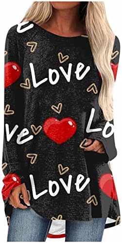 Туника за женски кошули Симпатична срцева печатена вратоврска боја со долги ракави врвови со лежерна торбичка за туника на маица