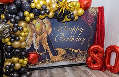 Мојсичка црно злато роденденска позадина за жени 7x5ft високи потпетици Шампањ среќен роденден банер фото студио проп 20 -ти