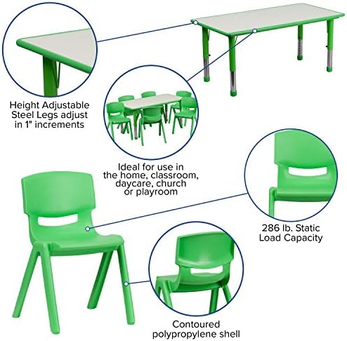 Флеш Мебел Еми 23.625В х 47.25 Л Правоаголни Зелени Пластични Висина Прилагодливи Активност Маса Во собата со 6 Столици