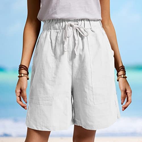 LMSXCT женски обичен памук еластичен половински постелнина шорцеви лабави удобни шорцеви во Бермуда, кои влегоа летни шорцеви на плажа со џеб