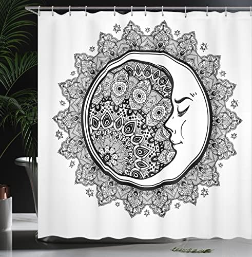 Амбесон Зодијак завеса за туширање, меѓусебна тркалезна мандала и полумесечина со фолклорна графика, ткаенина ткаенина бања